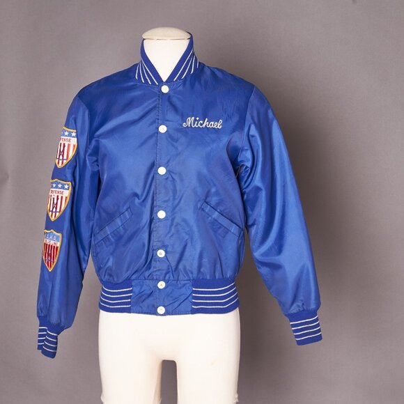 1980s Blue Nylon Patched Jacket Chain Stitched Michael - Picture 1 of 13